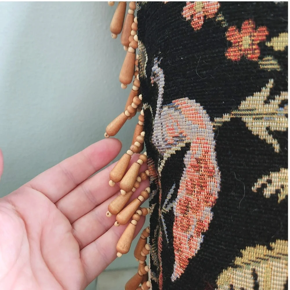 Vintage Tapestry Pillow Decorative Tropical Monkey Palm Tree Beaded Edge Feather